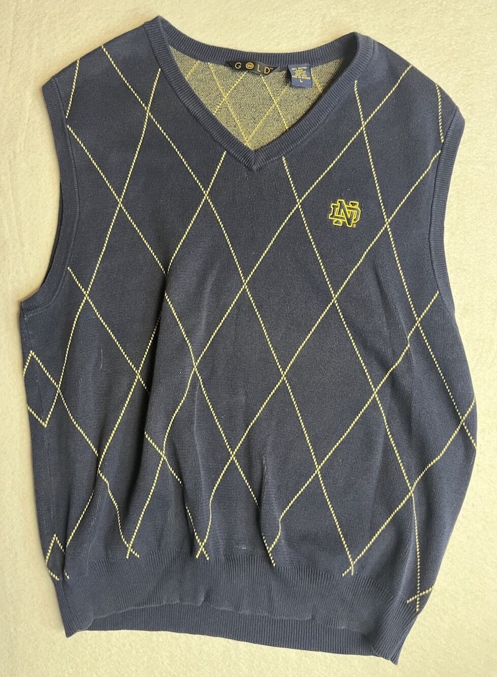 vintage Gold brand Notre Dame Fighting Irish navy blue argyle cotton v-neck L